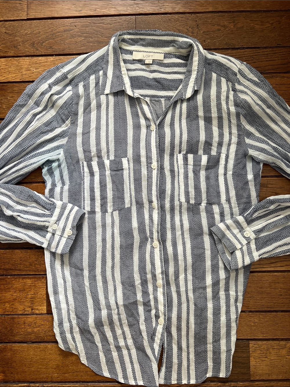 LOFT Navy and White Striped Cotton Button-Down Shirt Size Large